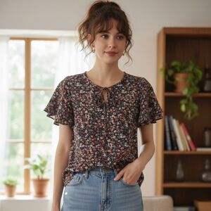 Kara and Kate Black Floral Tie-Neck Flutter Sleeve Blouse
